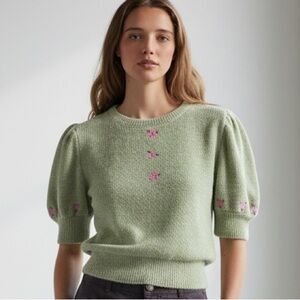Zara | Green Soft Knit Sweater with Pink Embroidered Roses Size M